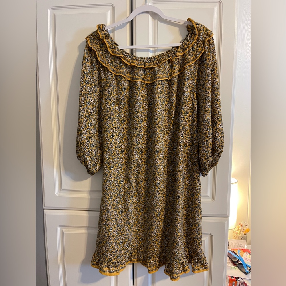 Max Studio Yellow Floral Scoop Neck Prairie Dress